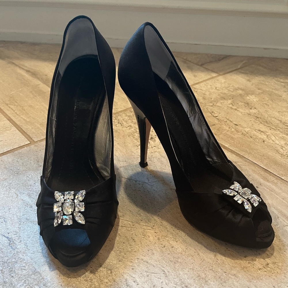 Giuseppe Zanotti black satin peep-toe heels crystal embellishments